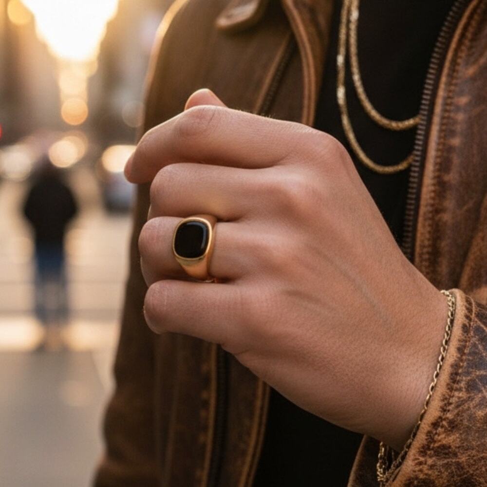 Men’s Gold Tone Signet Ring Black Stone Size 9 Minimalist Casual Cool